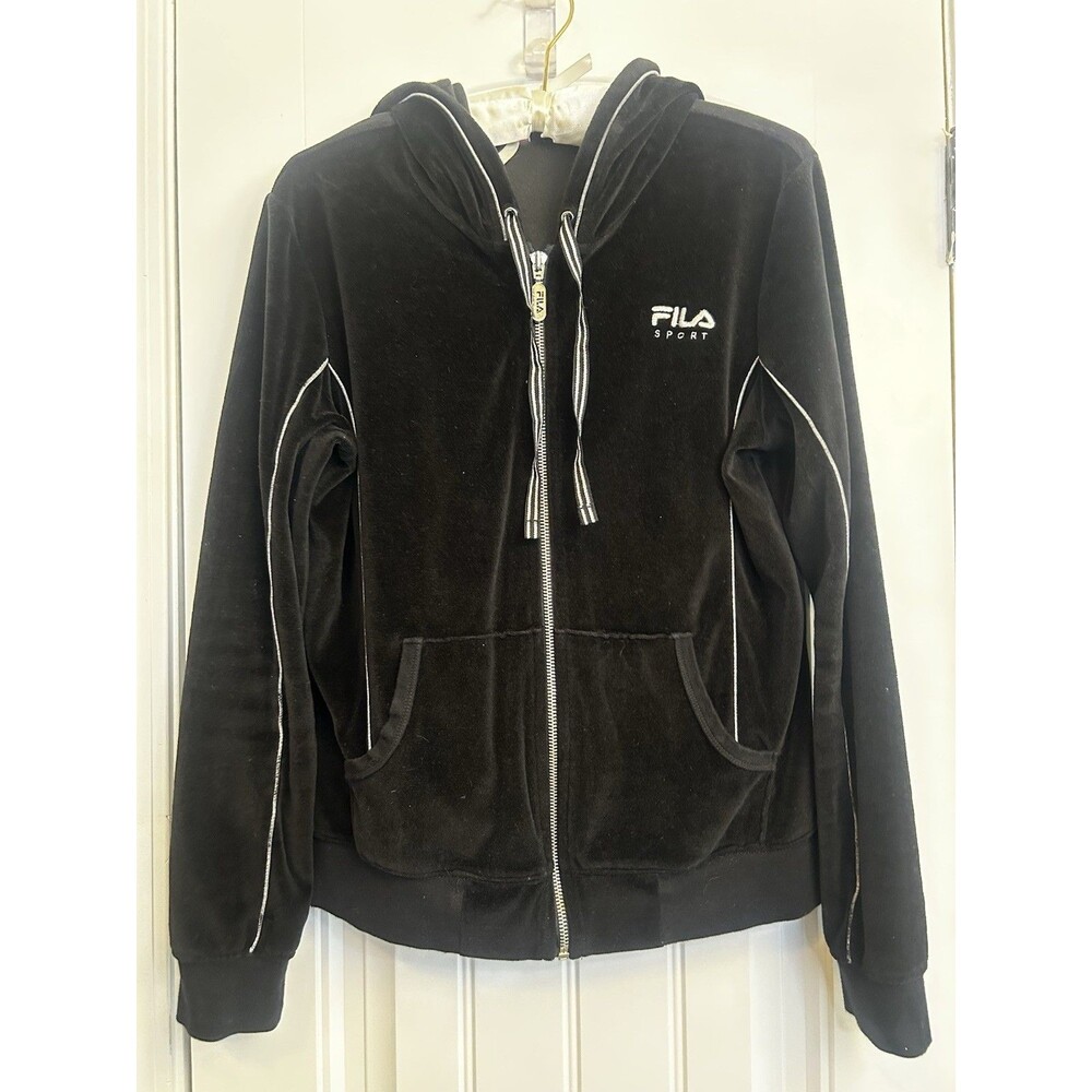 Fila Black Velour Zip Up Hoodie Track Jacket Coral White Stripe Womens Medium - Picture 13 of 16